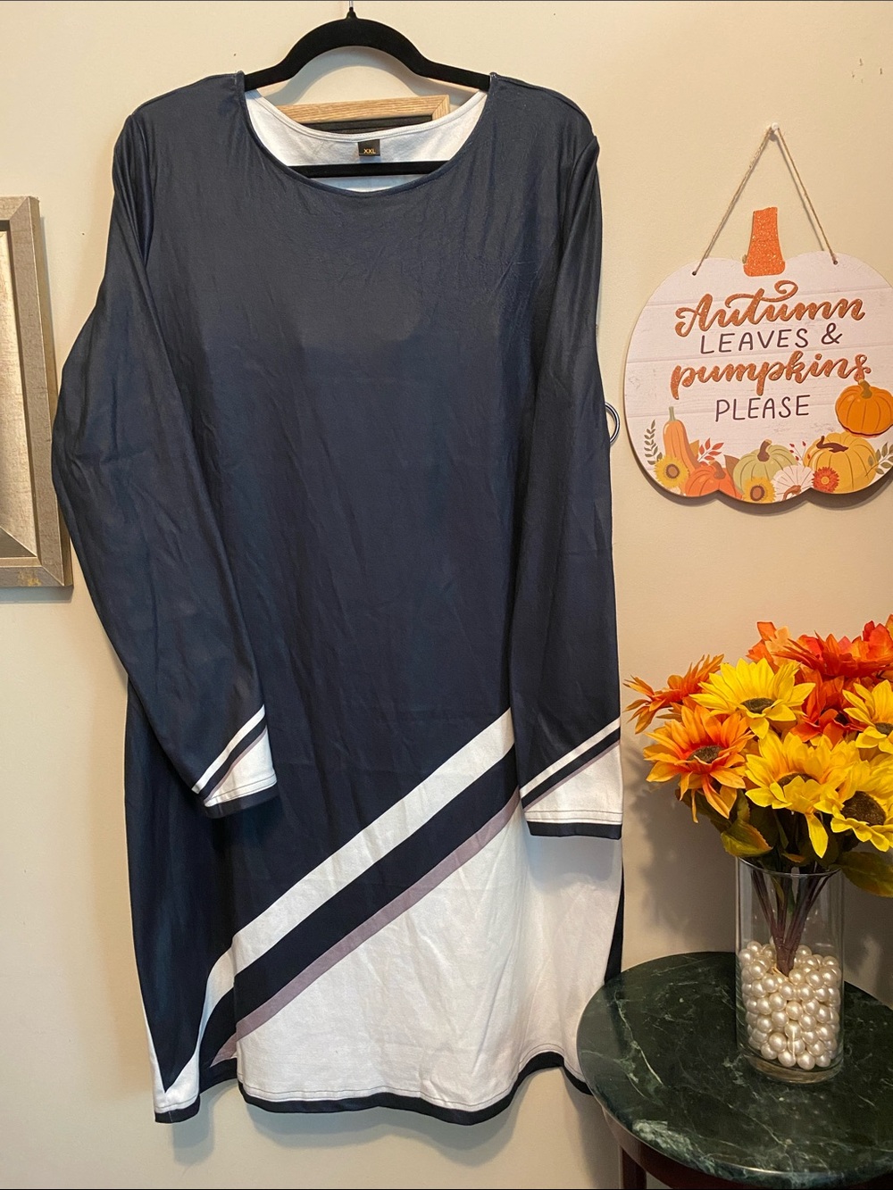 Navy and White w/Gray Long Sleeve Dress No Brand Sz XXL Brushed Polyester Feel